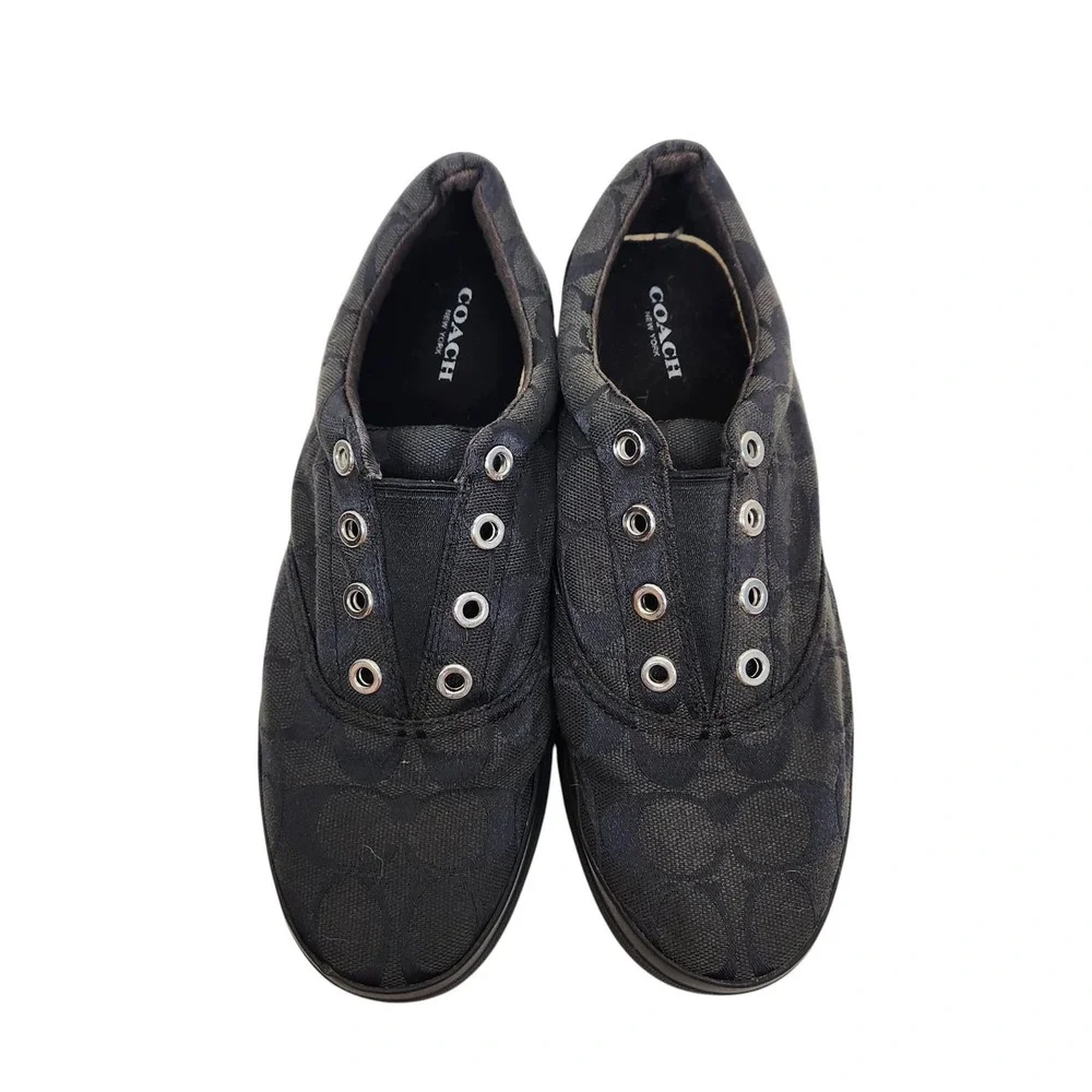 COACH Margo Shoes Womens 8 Black Signature Canvas Slip On Sneakers Q3253/A4941